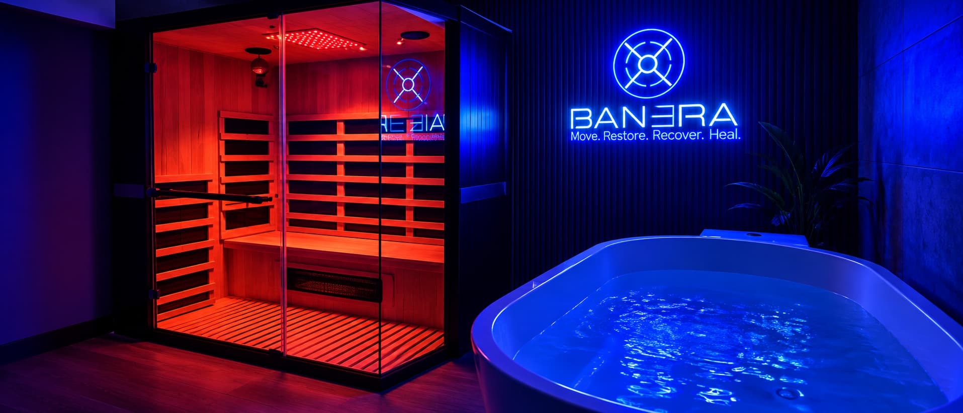 Banera’s recovery room: infrared sauna and ice bath under the neon logo